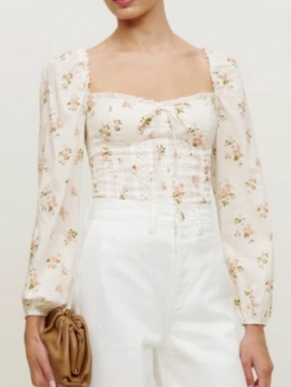 Reformation Isadora Floral Square-Neck Puff Sleeve Smocked Corset Top Size 6